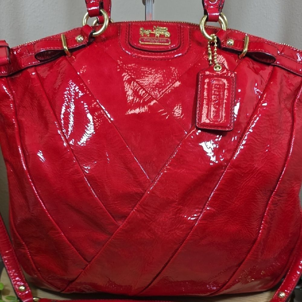 Coach Madison Diagonal Pleated Patent Leather Tote - Picture 2 of 13
